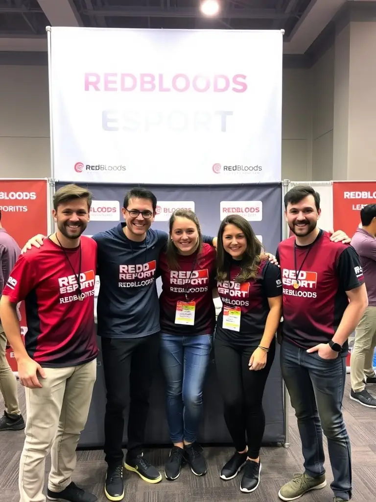 A professional image of REDBLOODS ESPORT members participating in a promotional event, showcasing the organization's commitment to esports advocacy and development.