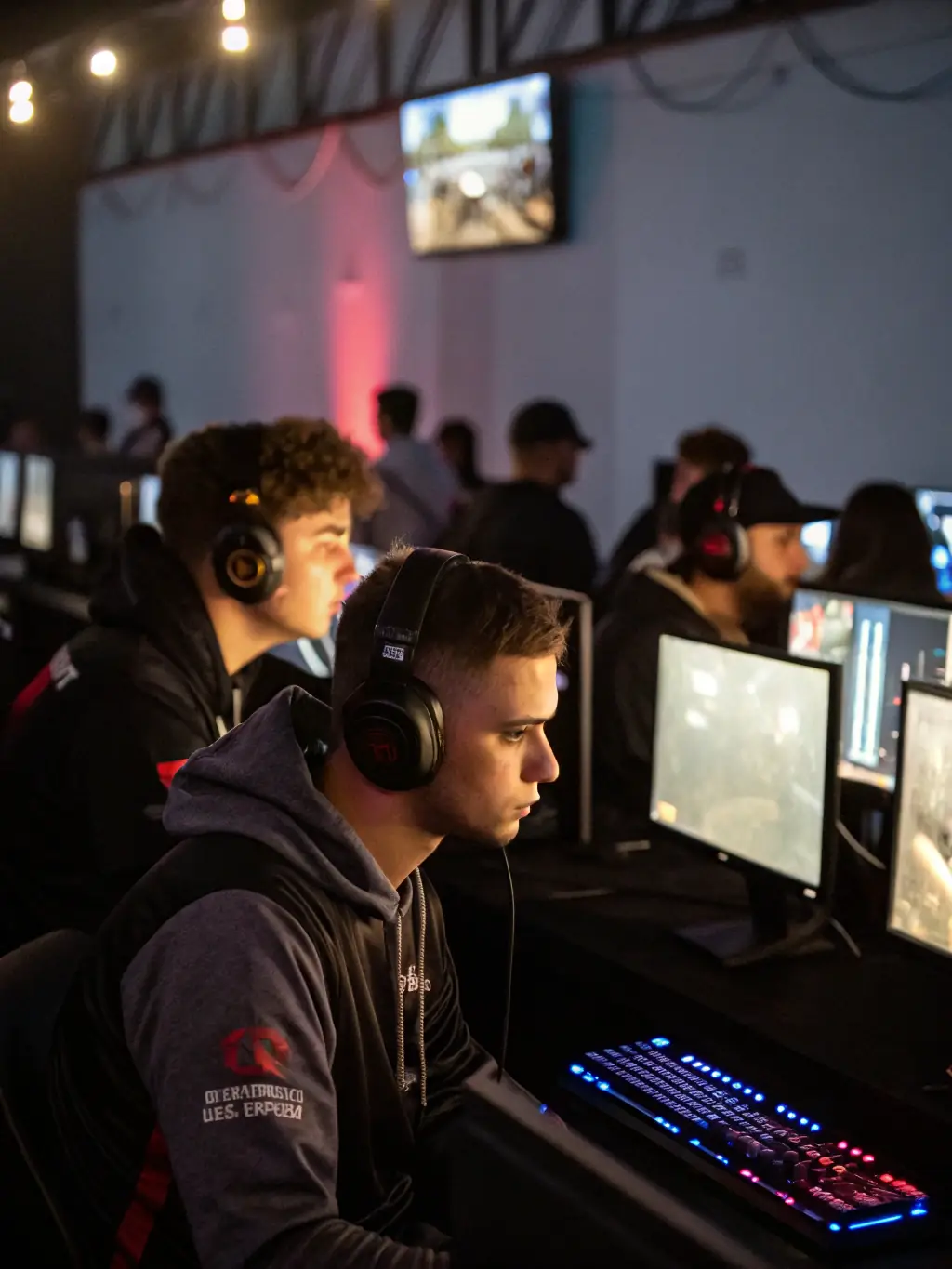 A focused image of esports players in a training session, highlighting their intense concentration and teamwork, with a coach providing guidance in the background. The scene is set in a modern esports training facility.