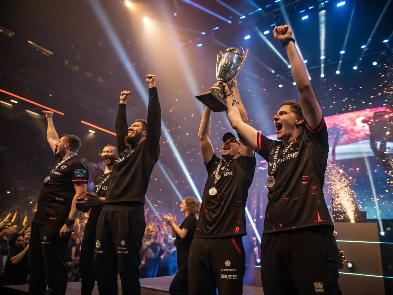 An image capturing the excitement of a REDBLOODS ESPORT (RB) team participating in a major esports tournament, highlighting the intensity and competitive spirit.