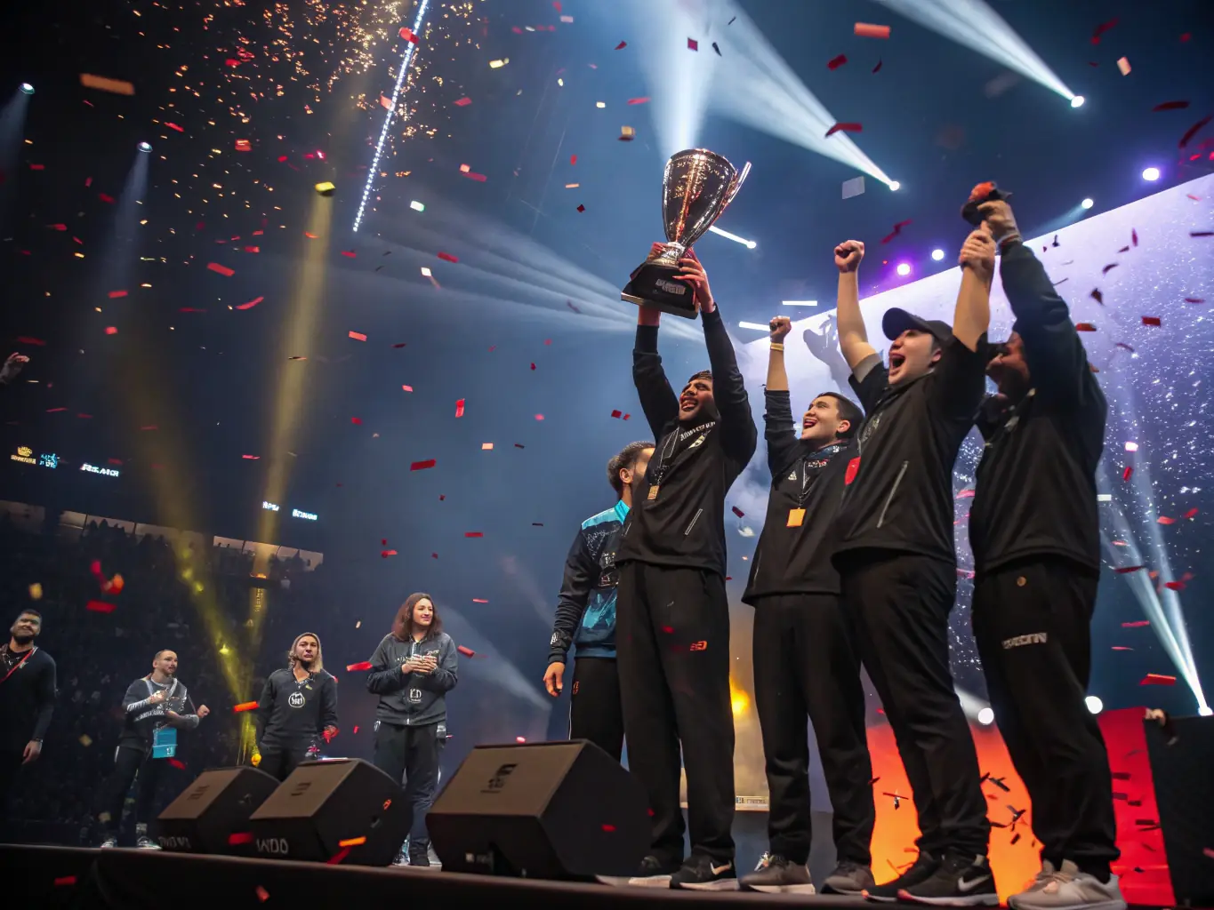 A dynamic shot of a team celebrating after winning a tournament, with screens displaying game stats.