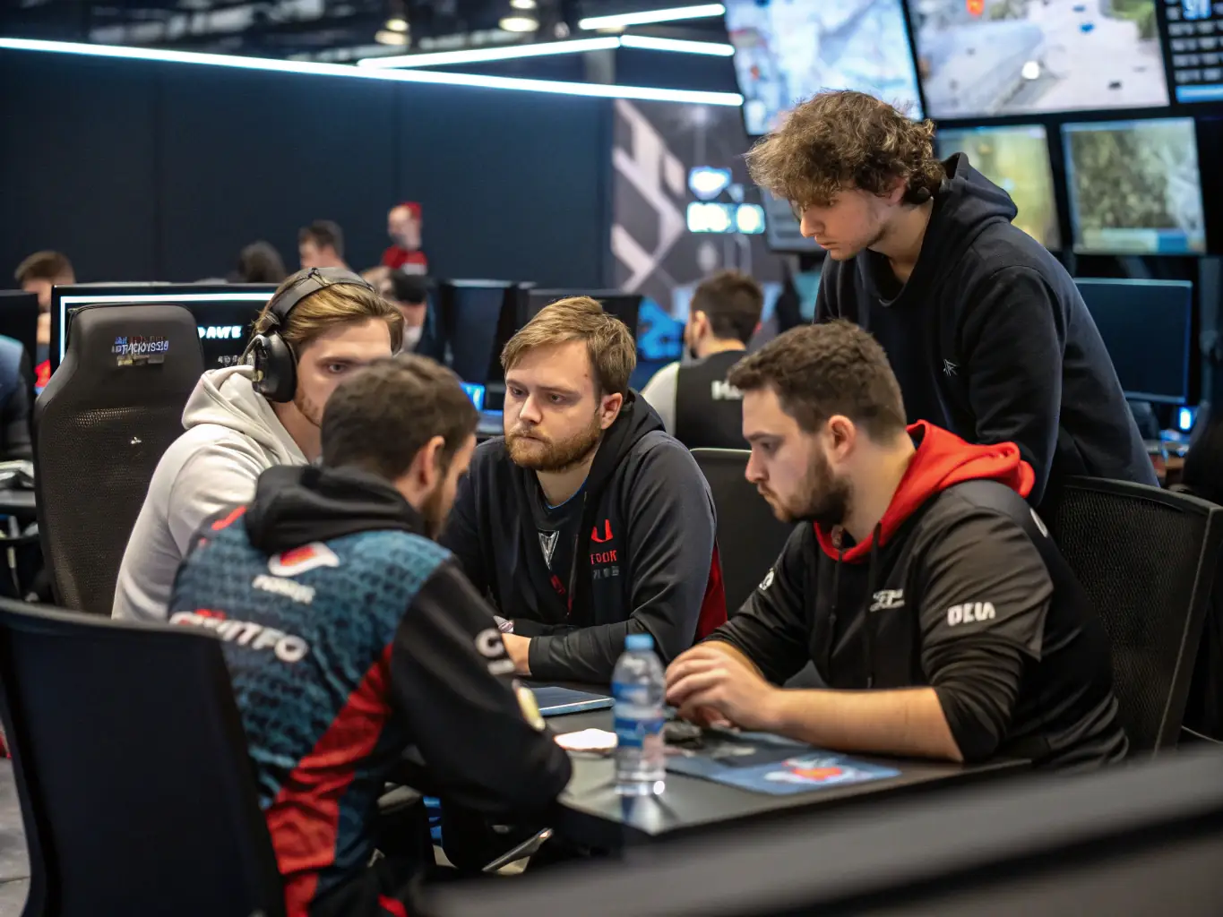 A photograph of REDBLOODS ESPORT (RB) members strategizing during a competition, emphasizing the importance of teamwork and organized competition participation.