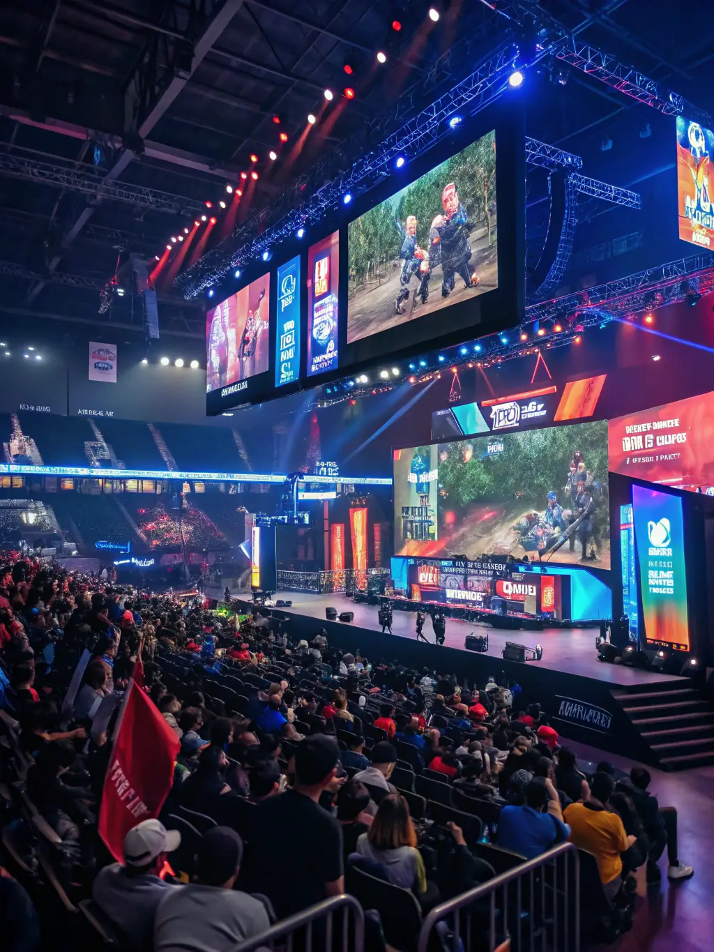 A vibrant image capturing the excitement of a REDBLOODS ESPORT community event, with players competing on stage and spectators cheering enthusiastically. The atmosphere is energetic and inclusive.