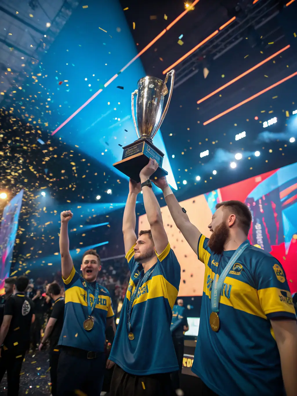 A dynamic image of a REDBLOODS ESPORT team celebrating a tournament victory, with screens displaying game stats and the team members displaying excitement and camaraderie.