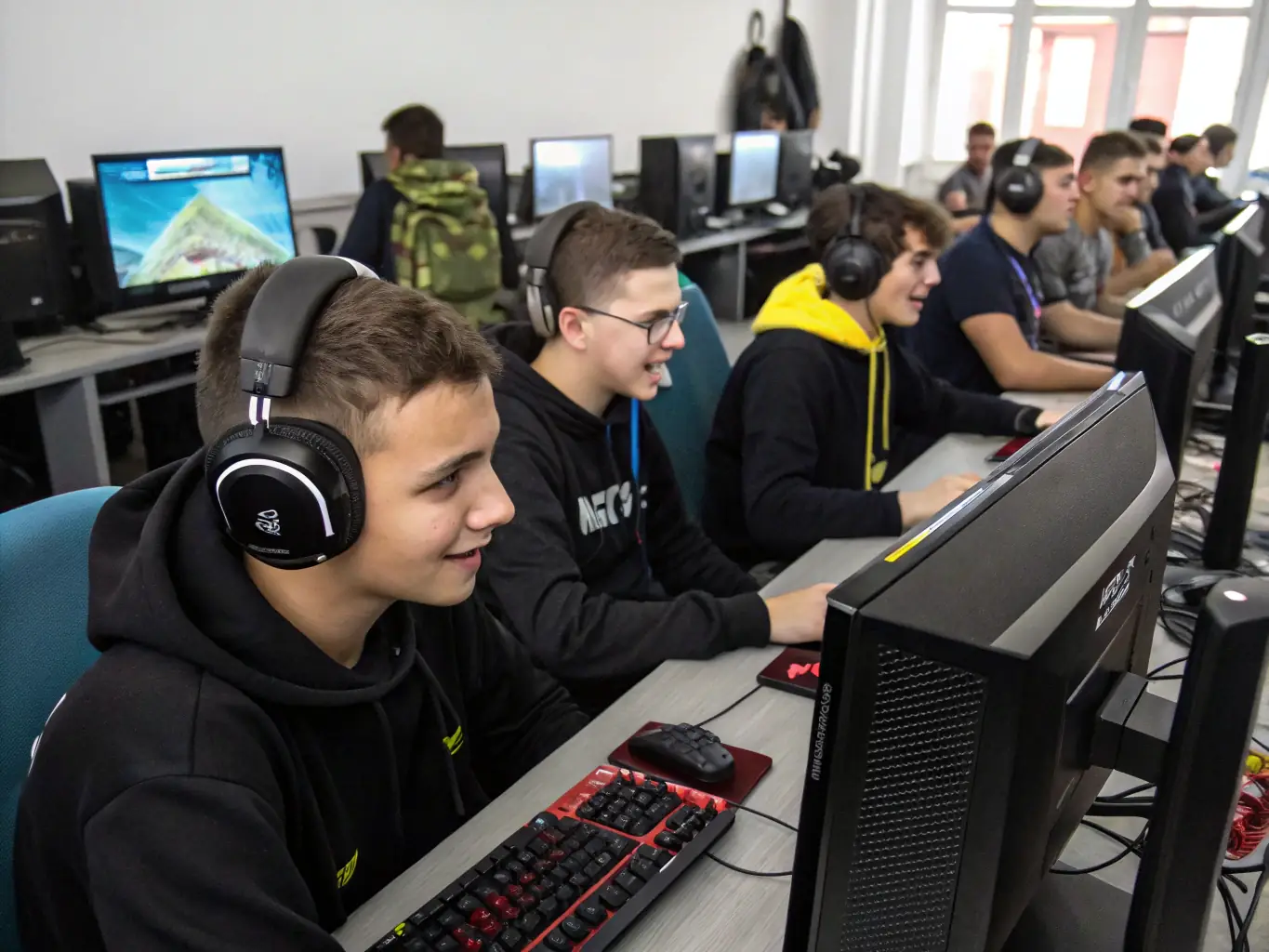 A dynamic image showcasing REDBLOODS ESPORT (RB) players engaged in a training session, focusing on teamwork and strategic gameplay, set in a modern esports training facility.