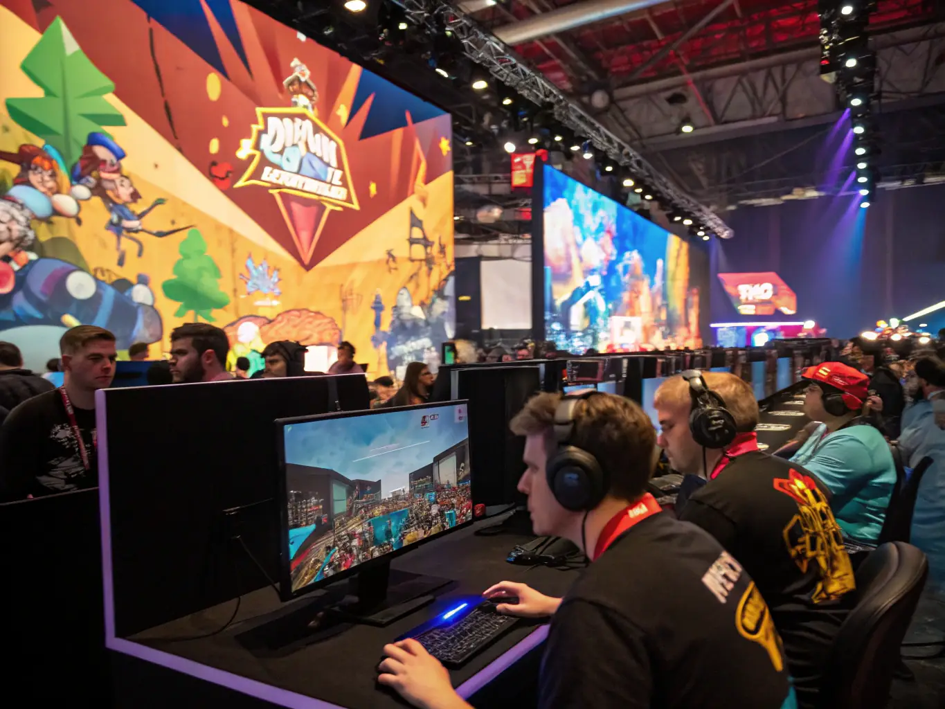 A vibrant image of a community esports event with players competing and spectators cheering.
